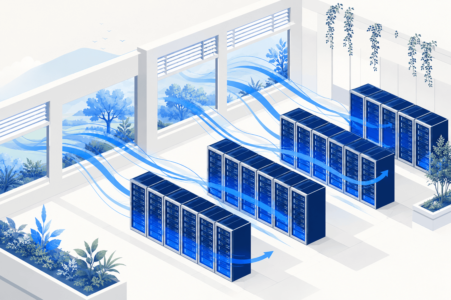 Salle de datacenter lumineuse et ventilée, refroidissement naturel sans climatisation