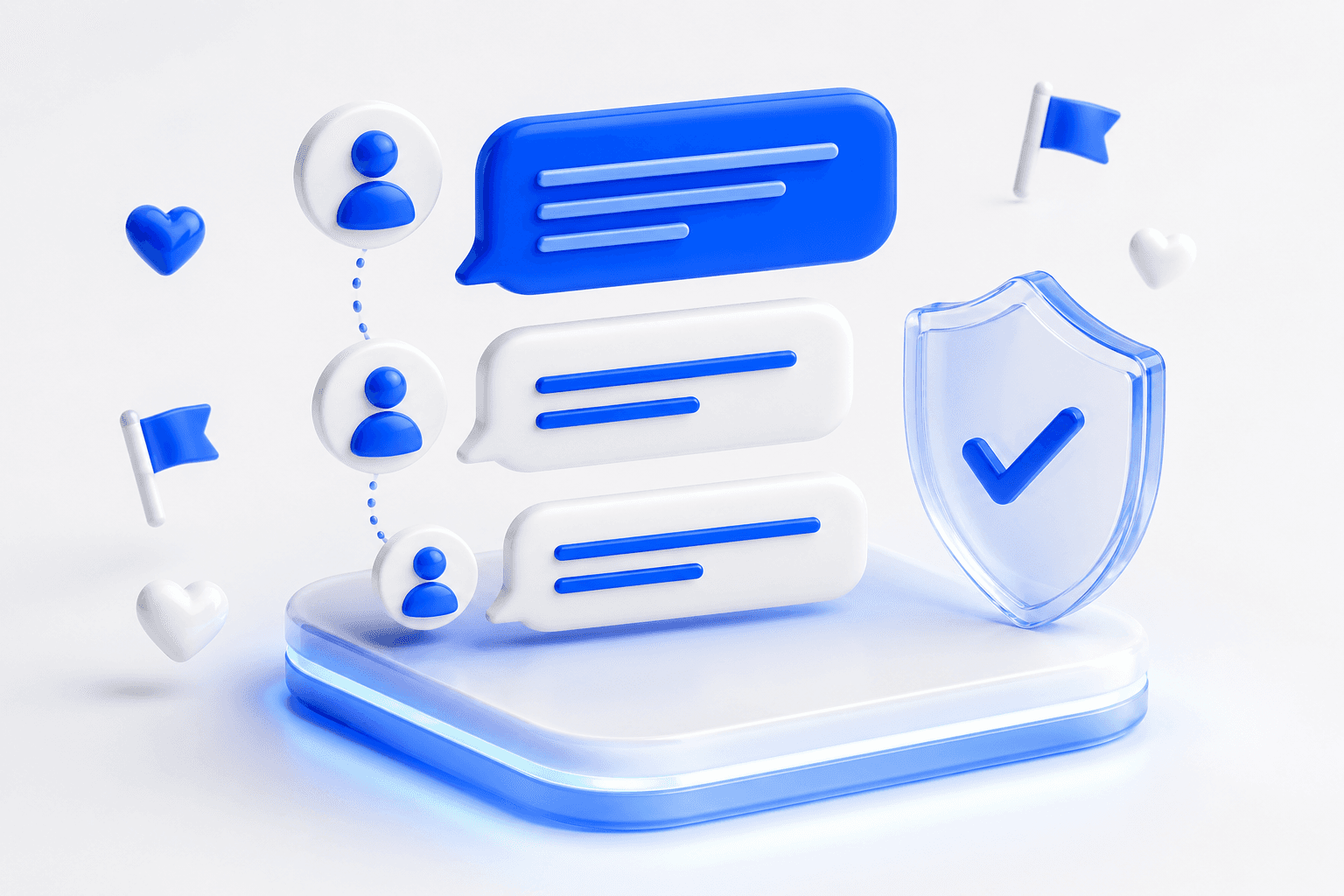 Illustration of threaded conversation bubbles protected by a moderation shield