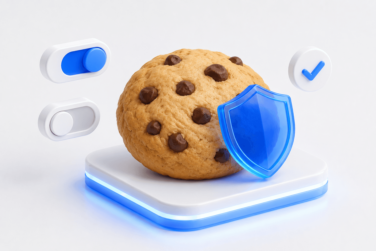 Illustration of a cookie on a platform with a protective shield and consent toggle switches