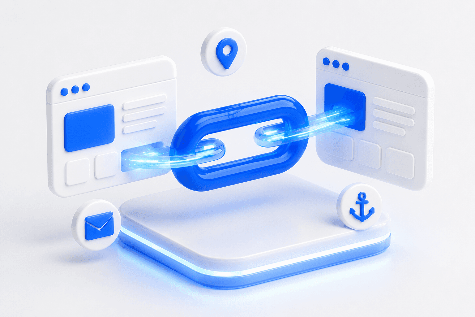 Illustration of a chain link connecting two web pages with a data stream
