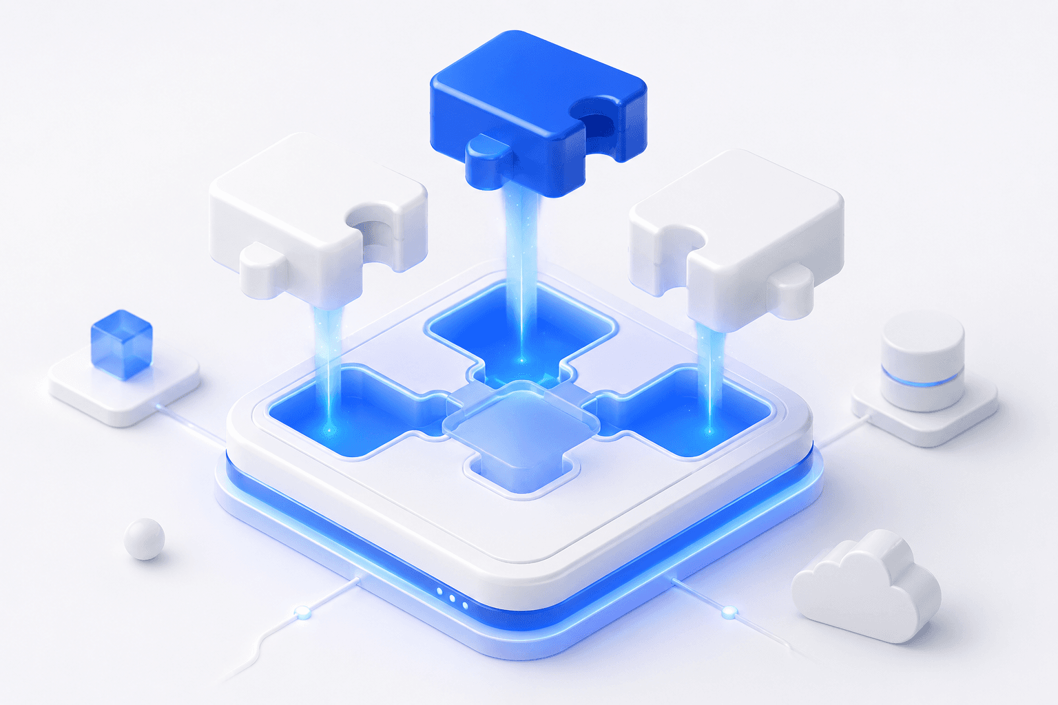 Illustration of plugin modules being assembled onto a central platform